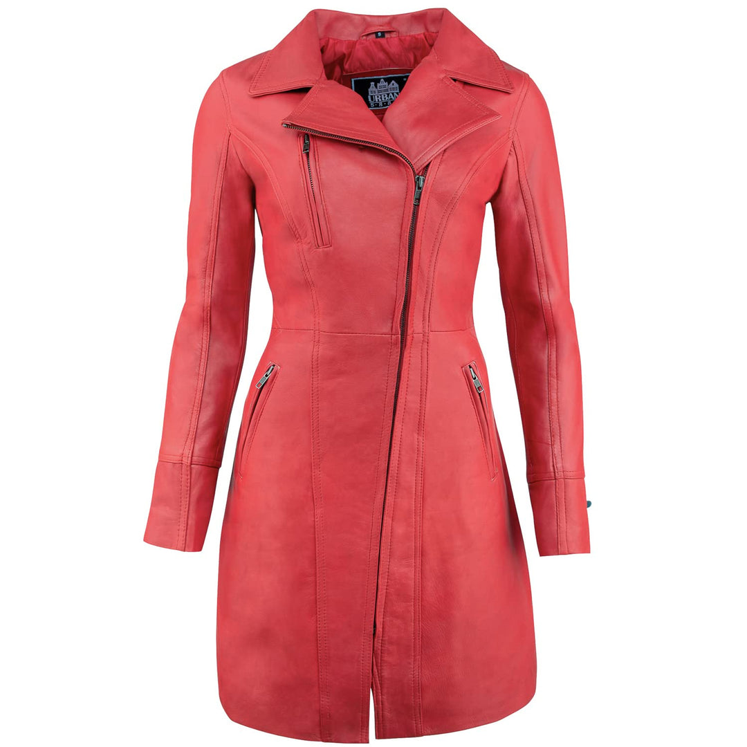 URBAN 5884 Damen Janice Frauen Lederjacke | Elegante Jacke aus weichem Lammfell, Langes Modell S Rot