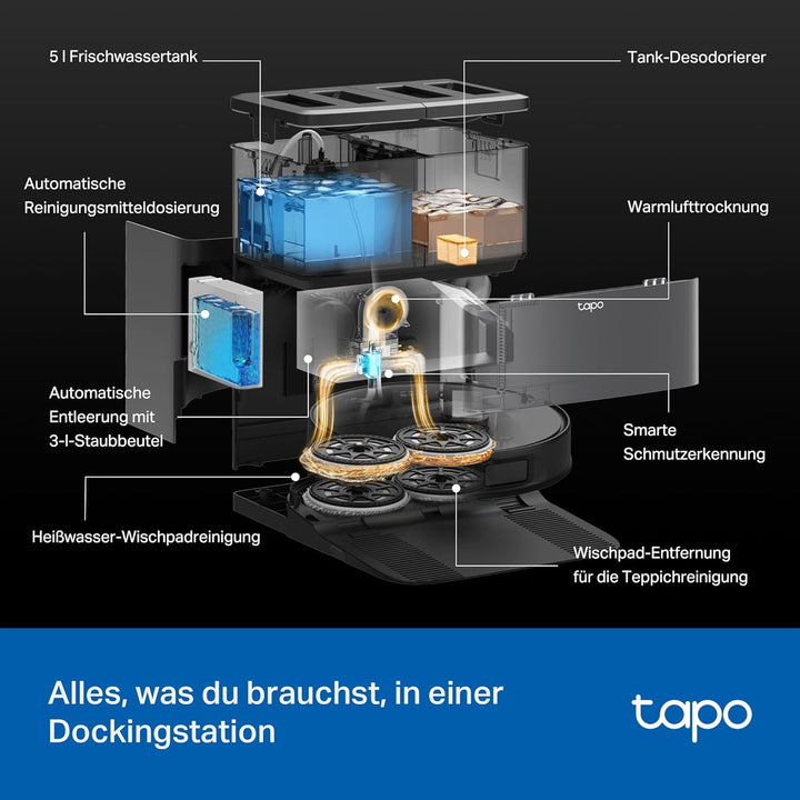Tapo RV50 Pro Omni Saugroboter mit Wischfunktion, 15.000 Pa, Heisswasserwäsche bei 60 °C & Selbsttro