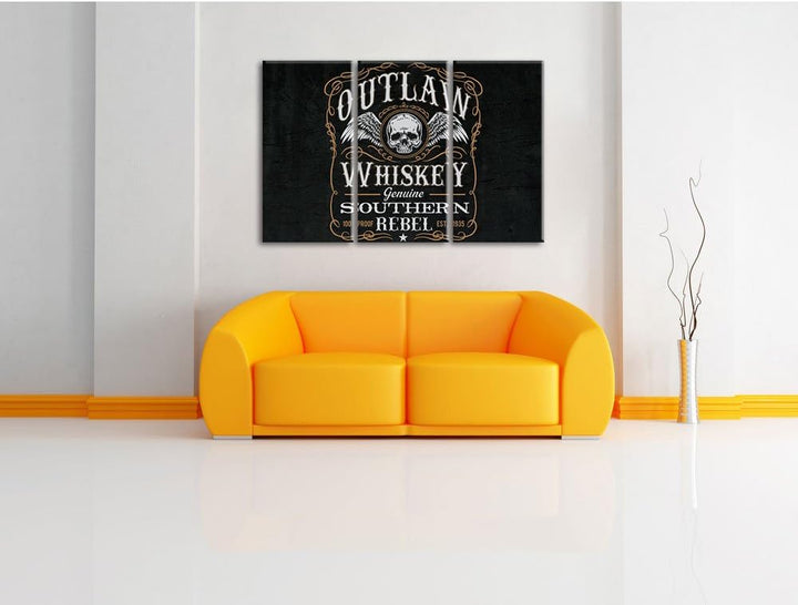 Pixxprint Whiskey Etikett „Outlaw“ schwarz 3-Teiler Leinwandbild 120x80 Bild auf Leinwand