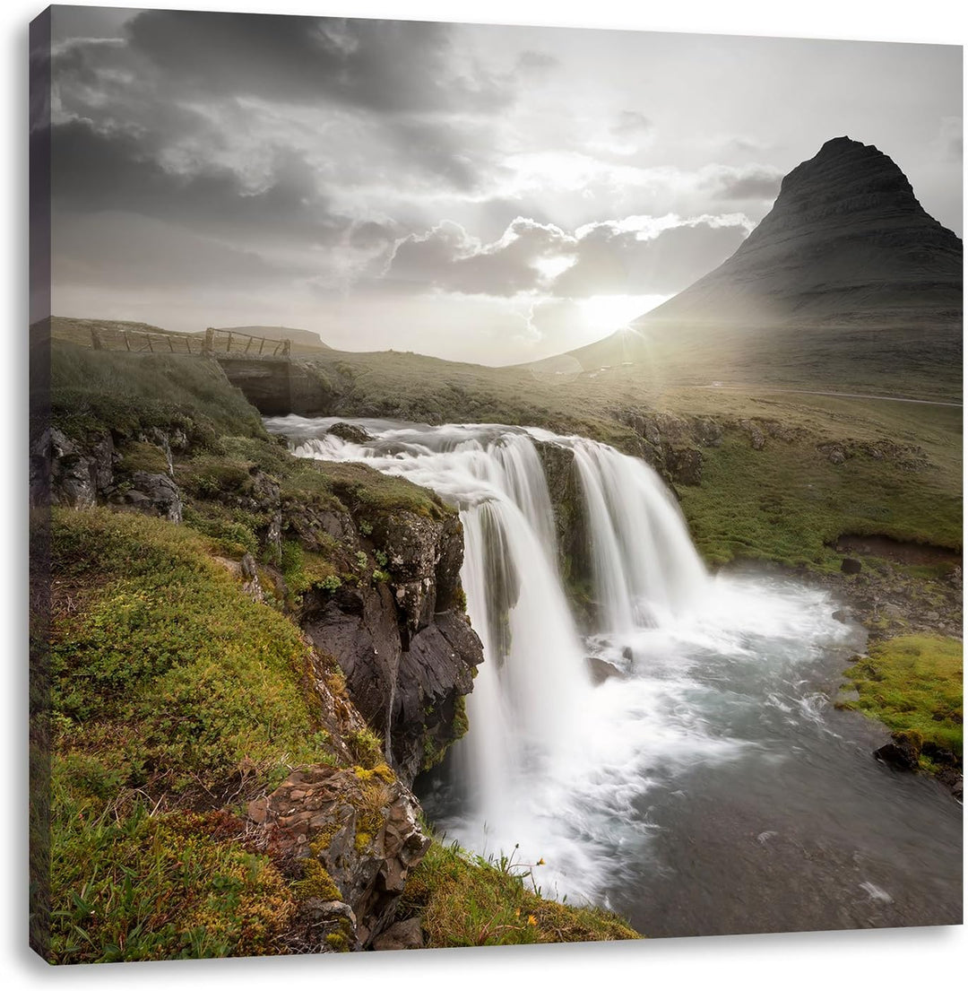 Pixxprint Wasserfall bei Sonnenuntergang als Leinwandbild Quadratisch/Grösse: 70x70 / Wandbild/Kunst