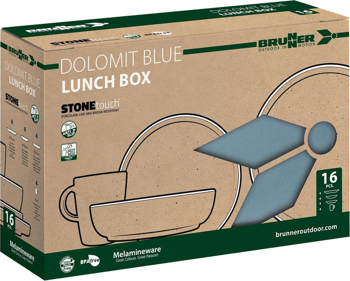 BRUNNER Melamin Geschirr Set Lunch Box Dolomit Stone Touch Camping Teller 16tlg blau