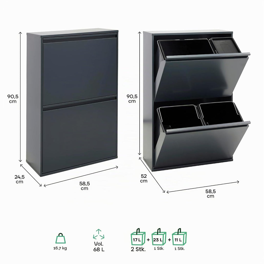 ARREGUI Basic CR604-B2 Mülltrennsystem aus Stahl | 4 Fächer Mülleimer für die Küche | 1 Extra Grosse