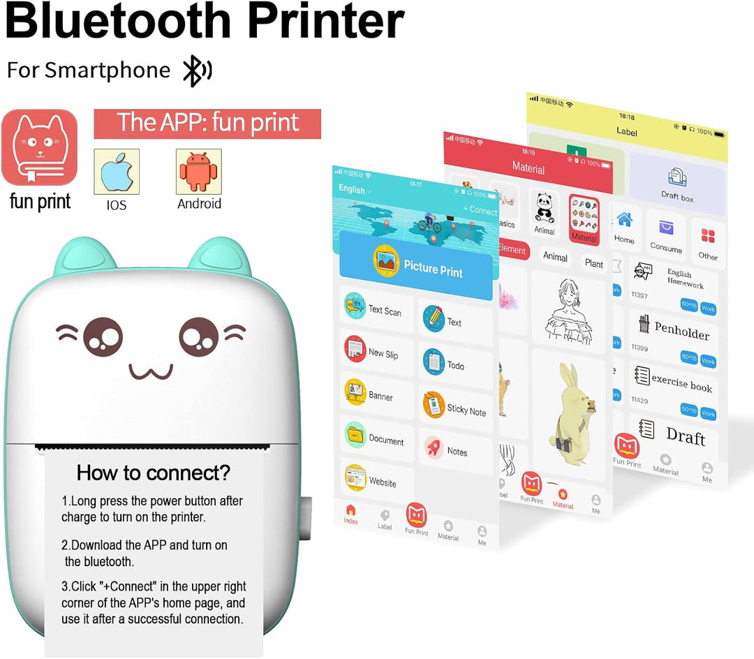 PNGOS Mini Printer, Mobile Photo Printer, Bluetooth Thermal Printer, Compatible with iPhone, iOS, An