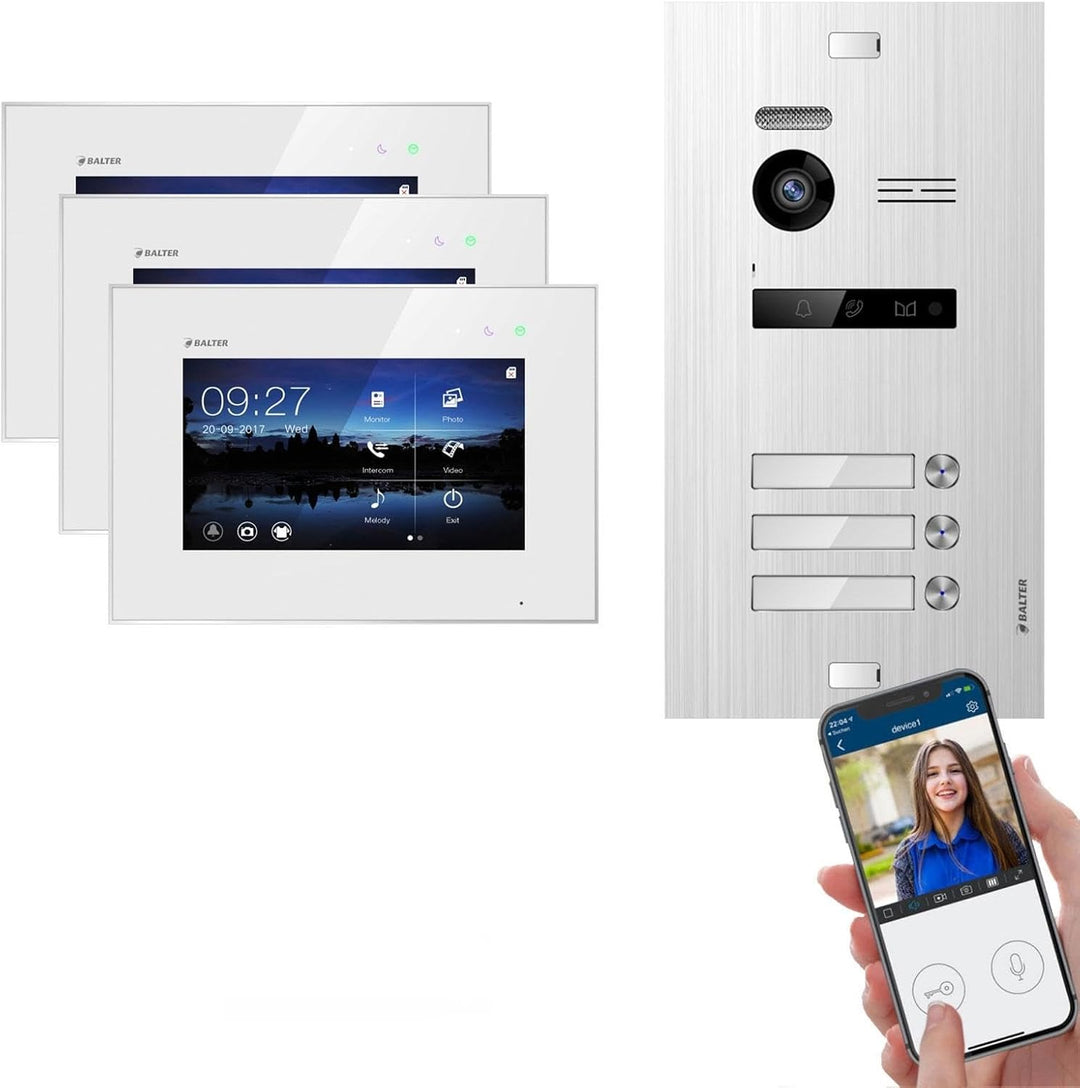 Balter EVO Silver Video-Türsprechanlage 7" WiFi Monitor Touchscreen 2-Draht Bus Komplettsystem für 3