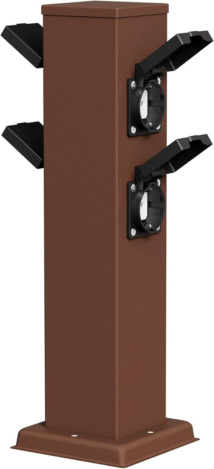 ledscom.de Garten-Steckdosen-Säule Polly mit Erdspiess und 2m Kabel für aussen, IP44, 4-Fach, braun,