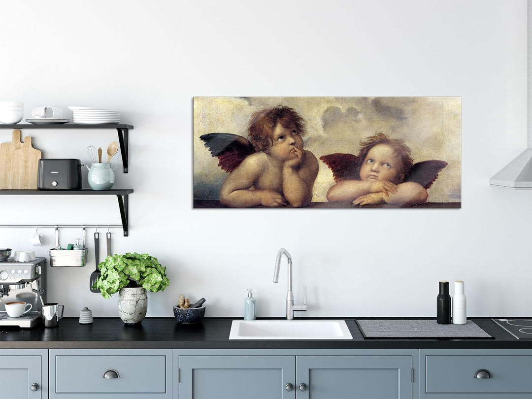 Glasbild Panorama | Wandbild aus Echtglas | Raffael - Sixtinische Madonna zwei Engel | 100x40 cm | i