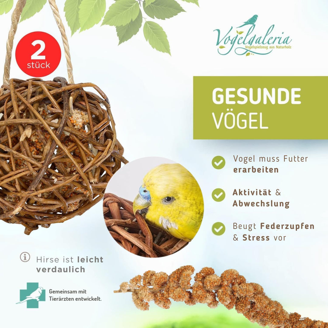 Kolbenhirse gefüllte Weidenkugel 2er Pack - handgefertigt in Deutschland - Erstaunlicher Spielspass