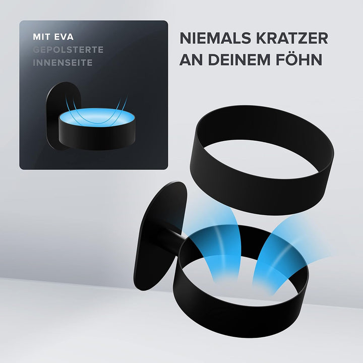 Haartrocknerhalter Kvitoya | Edelstahl | schwarz matt | mit Wandmontage ohne Bohren | mit Fönpolster