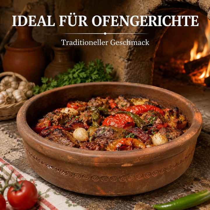 Terrakotta Güveç Tava Ø 30 cm – Handgefertigte Auflaufform aus Naturton für Ofen, Güveç, Schmorgeric
