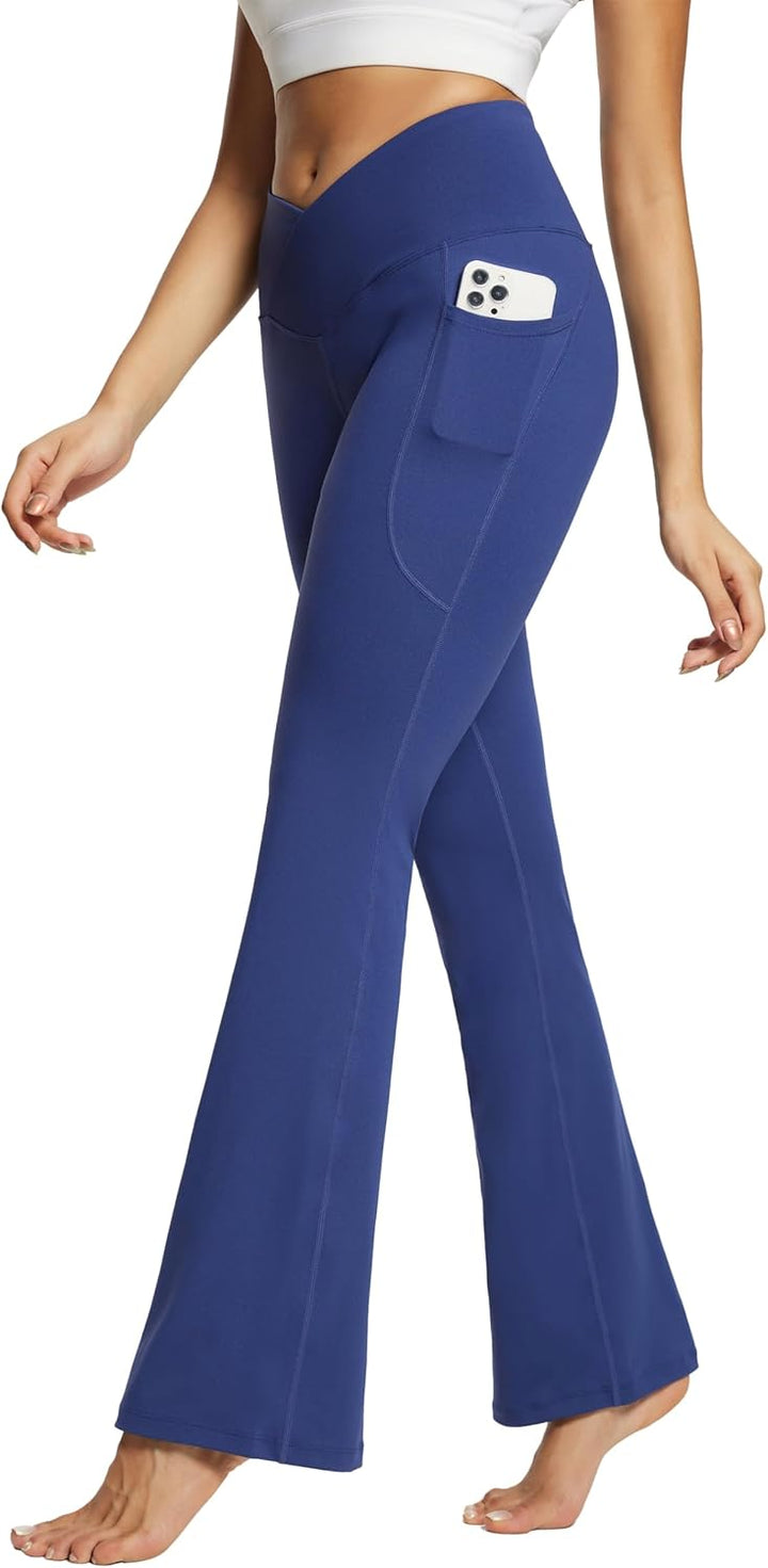 baleaf Damen Yogahose mit Taschen Schlaghose Stoff Flare Leggings Bauchkontrolle Sporthose Stretch H