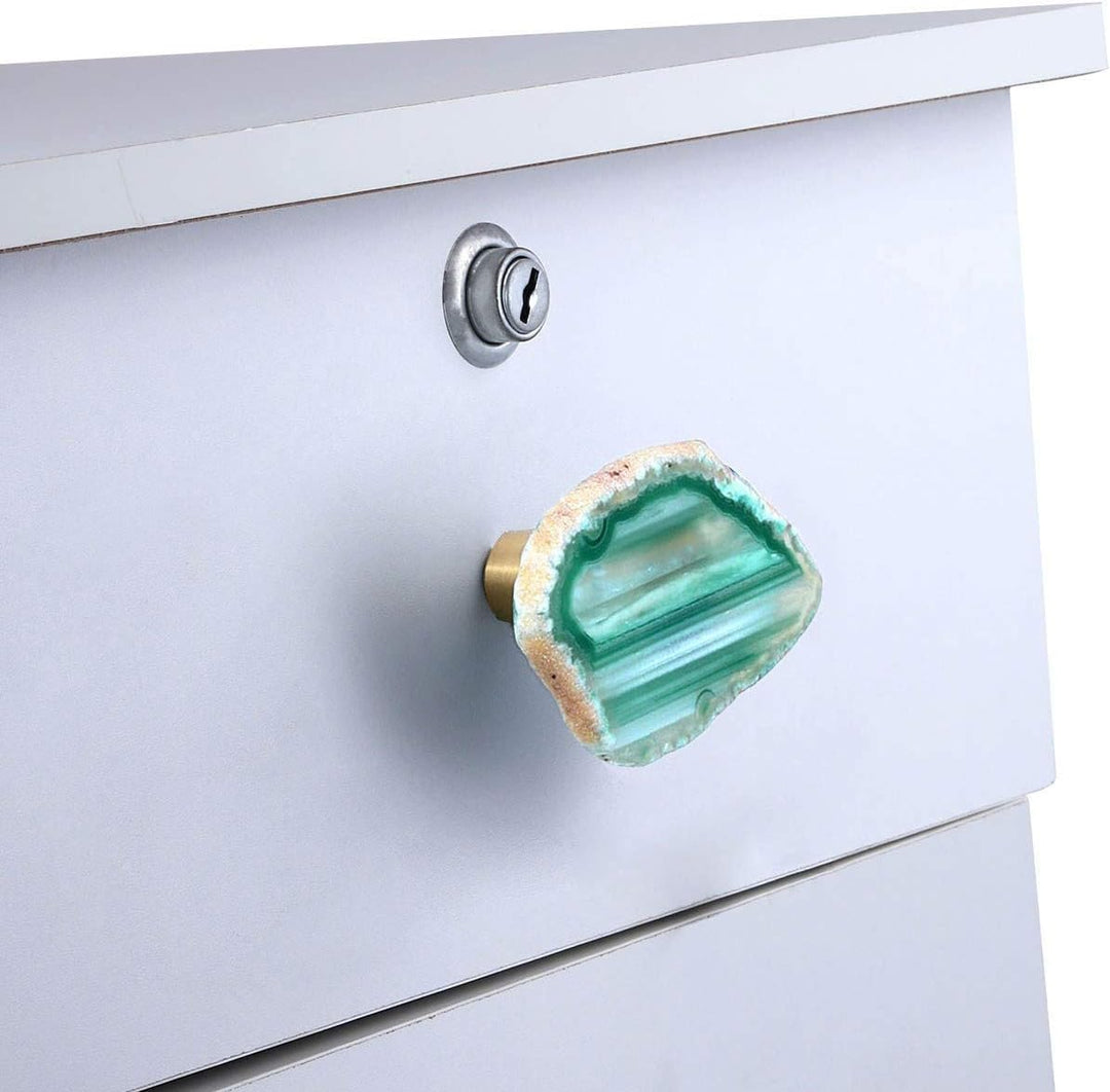 KYEYGWO 4 Stück Grün Unregelmässig Achat Scheiben Möbelknöpfe mit Schraube, Messing Schubladenknöpfe