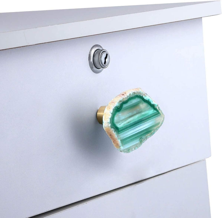KYEYGWO 4 Stück Grün Unregelmässig Achat Scheiben Möbelknöpfe mit Schraube, Messing Schubladenknöpfe