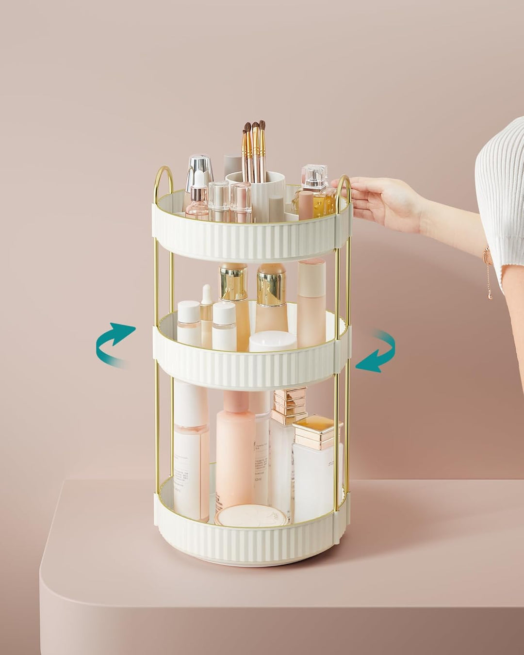 SONGMICS Make-up Organizer drehbar, Kosmetik-Organizer rund, 3 Ebenen, Kosmetik Aufbewahrung, anpass