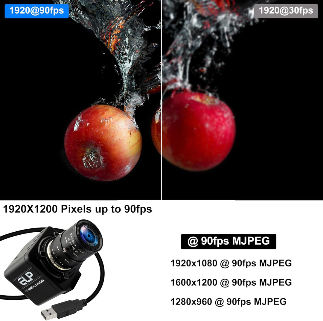 ELP 90fps Global Shutter USB-Kamera 1200P Golfschwungkamera mit hoher Bildrate, 5-50mm 10x manuelles