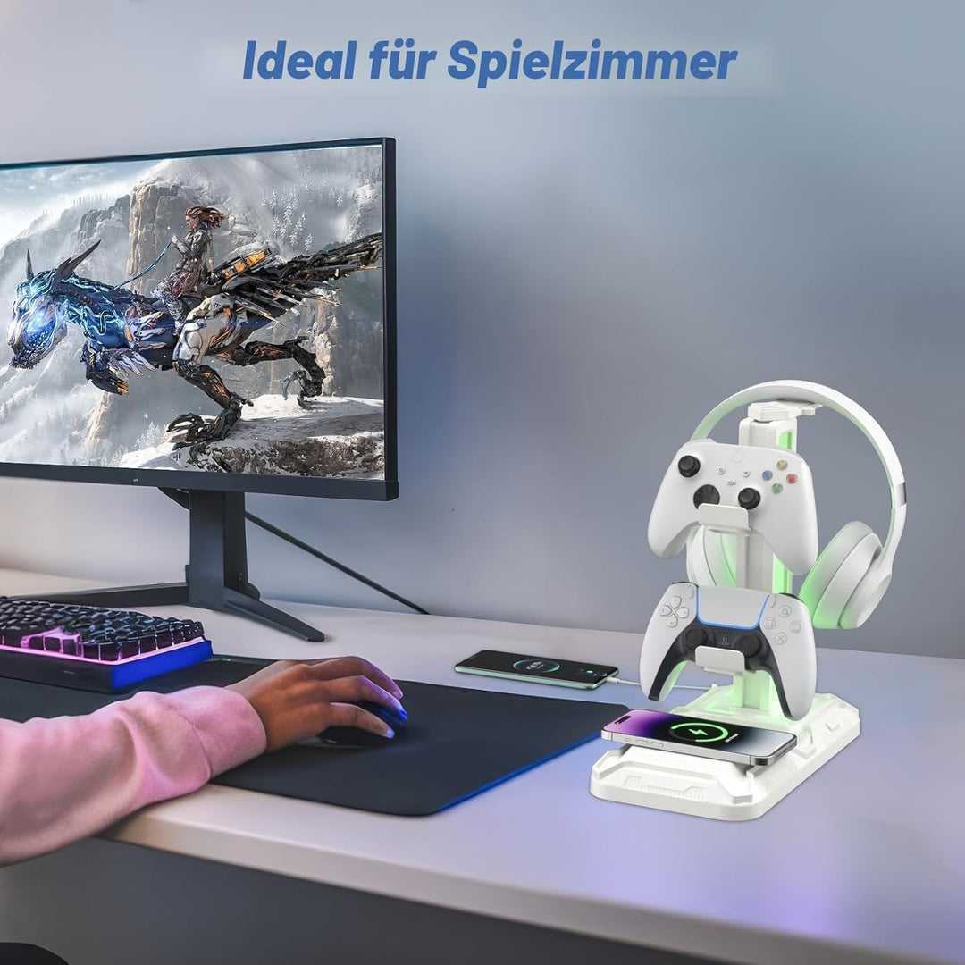 KDD Gaming Headset Halterung mit Wireless Ladegerät - Controller Halterung & Kopfhörer Ständer mit 9