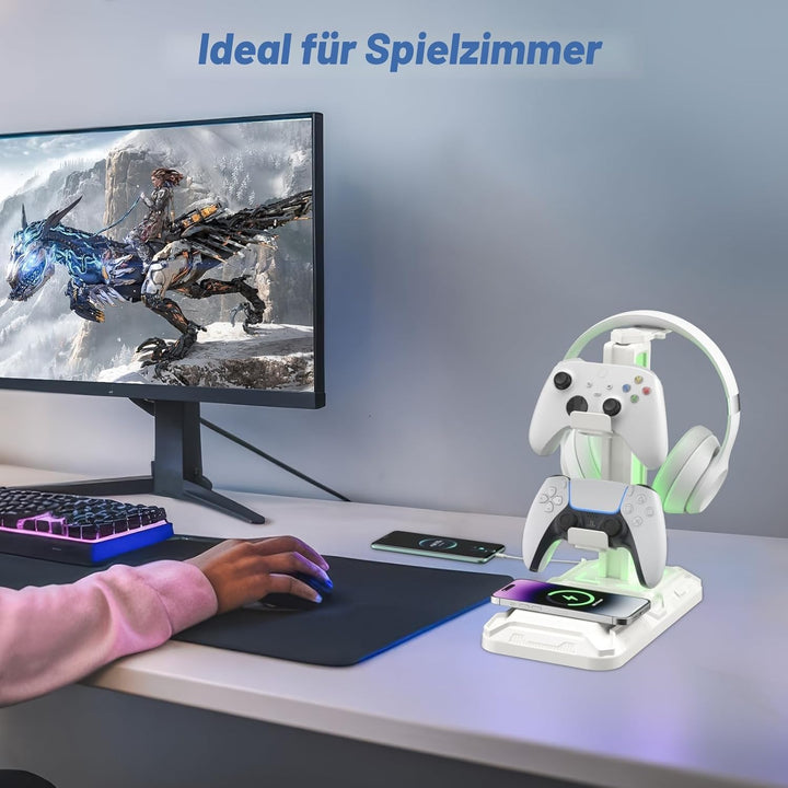 KDD Gaming Headset Halterung mit Wireless Ladegerät - Controller Halterung & Kopfhörer Ständer mit 9