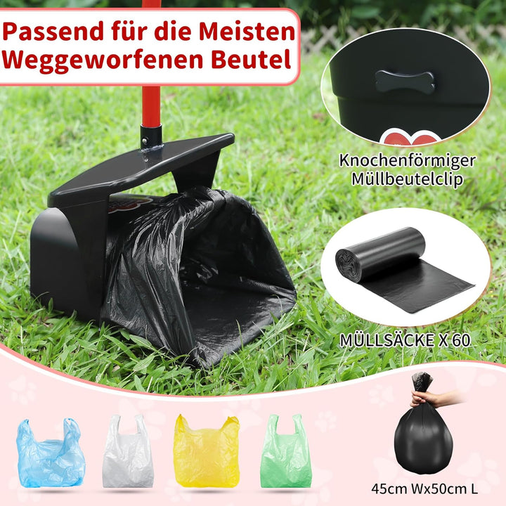 Hundekotschaufel Schwenkbehälter & Rechen & Spaten Mit 60 Hundekotbeutel, Hundekotsammler Für Grosse