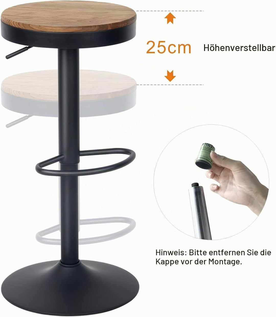 YOUNIKE Barhocker 2er Set Schwarz Holz Barstuhl Höhenverstellbar Schwenkbar Tresenhocker Küchenstühl