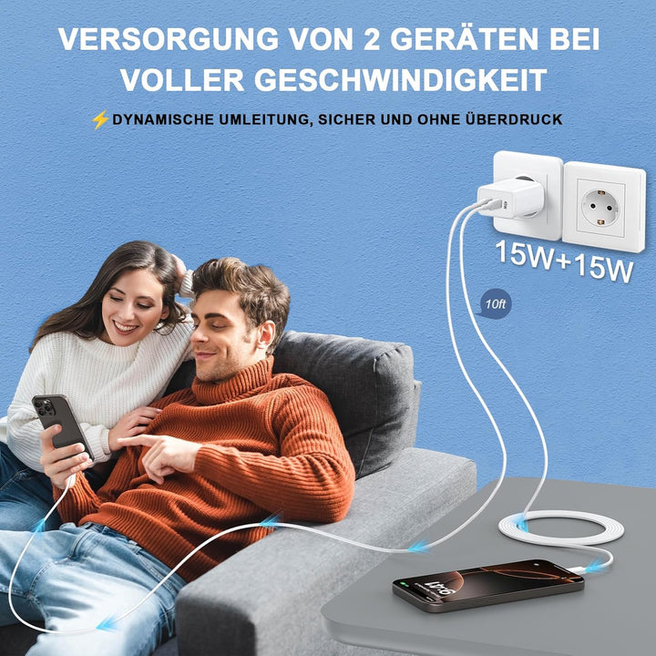 2Pack 45W Dual Port USB C Ladegerät, iPhone 17/16/15 Ladegerät mit 3M langem USB C Ladekabel, PD Sch