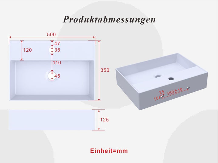 Waschbecken aus Keramik Eckig 50 x 35 cm Aufsatzwaschbecken für Waschtisch Unterschrank Waschplatz G