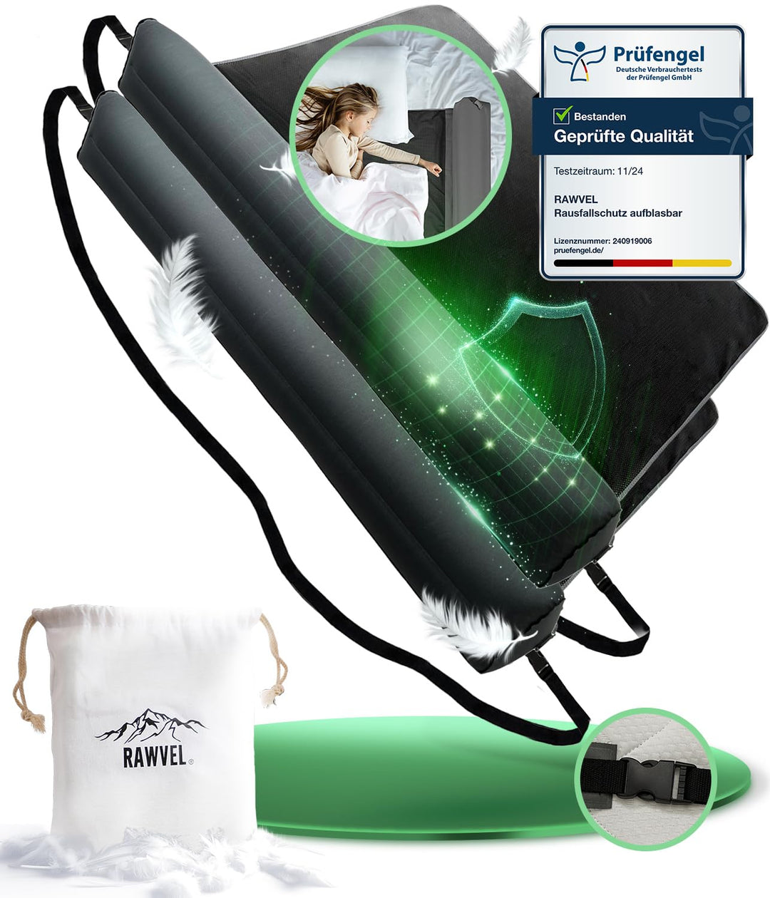 RAWVEL® Rausfallschutz aufblasbar Premium - [NEU 2024] - passend für alle Betten Zuhause & auf Reise