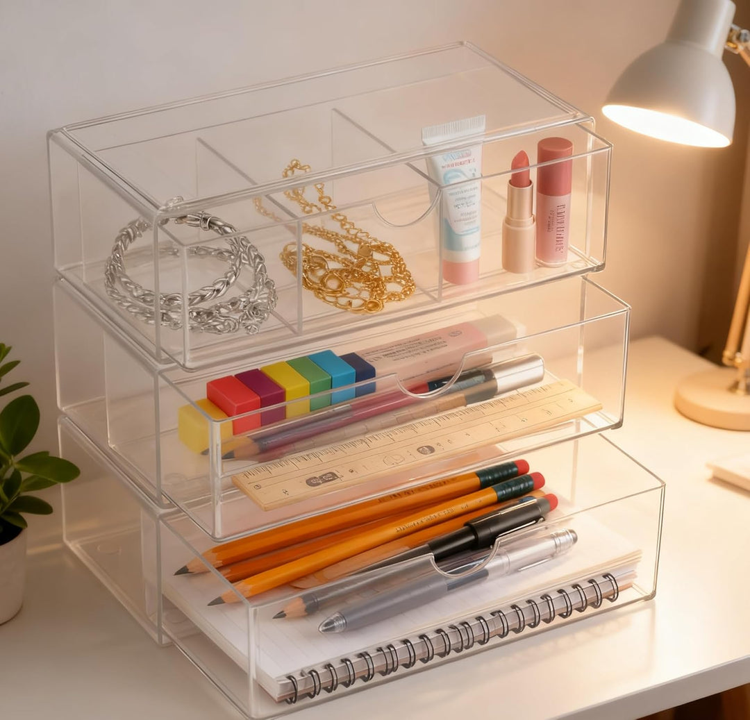 3 Stück Acryl Schmink Organizer Schminktisch Make up Organizer Kosmetik Makeup Organizers Schubladen