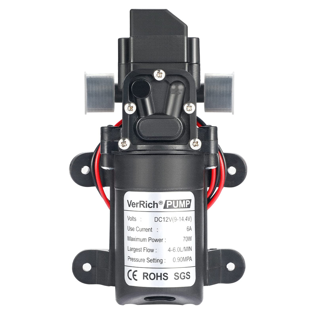 VerRich Membranpumpe, 12V Wasserpumpen 70W Selbstansaugende Pumpe 6 L/Min 0.9MPA 131 PSI mit Drucksc