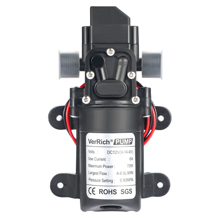 VerRich Membranpumpe, 12V Wasserpumpen 70W Selbstansaugende Pumpe 6 L/Min 0.9MPA 131 PSI mit Drucksc