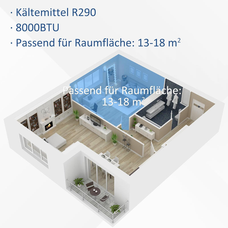 HOMCOM Mobile Klimaanlage 8000BTU 4-in-1 Klimagerät mit Abluftschlauch, Kühlen, Lüften, Entfeuchten