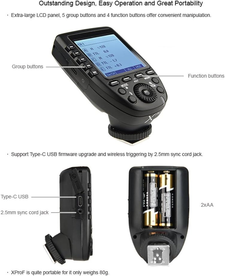 Godox Xpro-F TTL Drahtloser Blitzauslöser ， 2.4G 1 / 8000s HSS TTL Konvertierungshandbuch TCM-Funkti