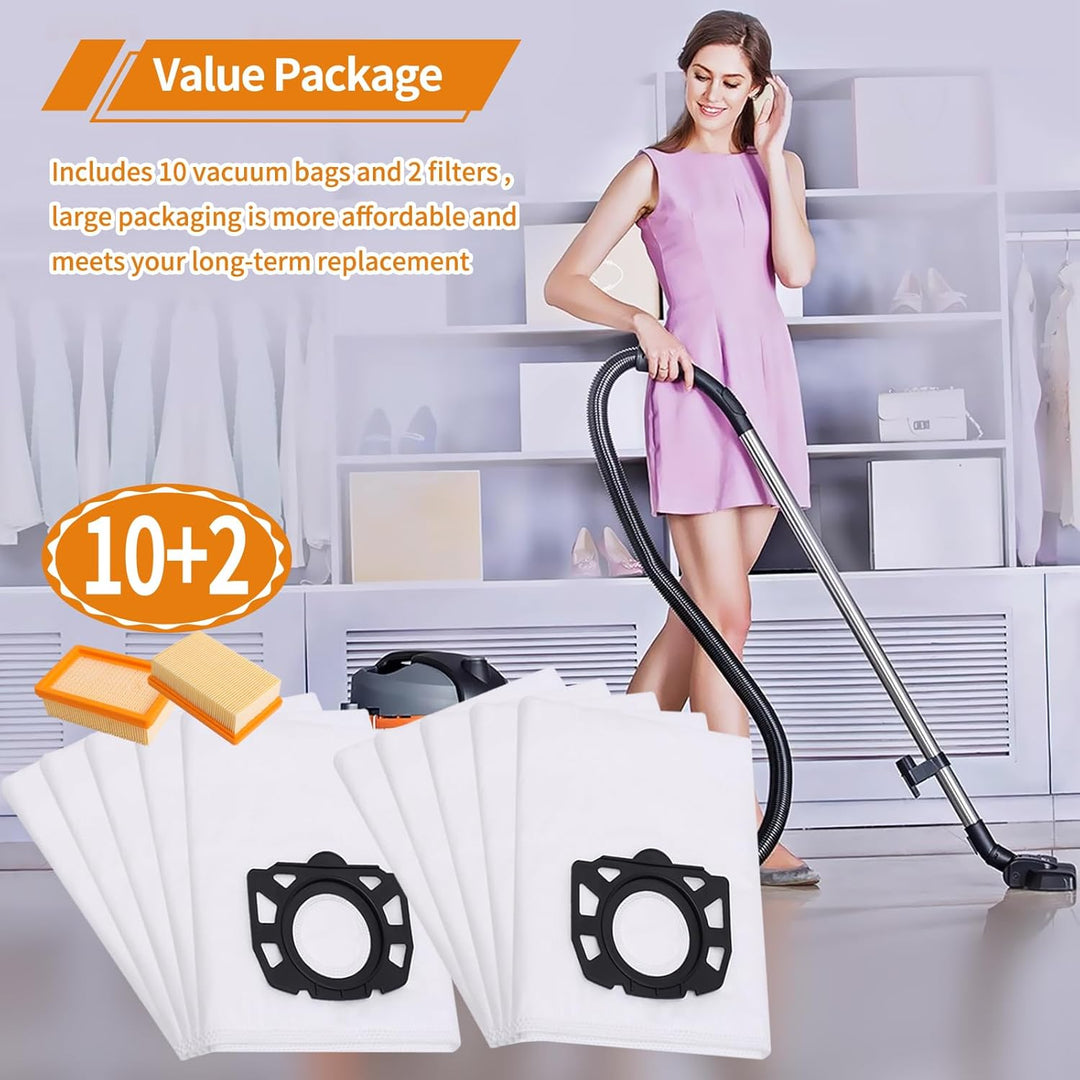 10 Stück WD6 Beutel für Kärcher Staubsaugerbeutel WD4 WD5 WD5P WD6P MV4 MV5 MV6 mit 2 Stück WD6 Filt