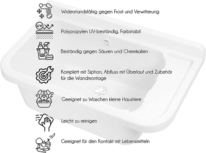 VBChome Ausgussbecken 50 x 34 x 21 cm Weiss Spülbecken Waschtrog mit Überlauf Waschbecken für Gewerb