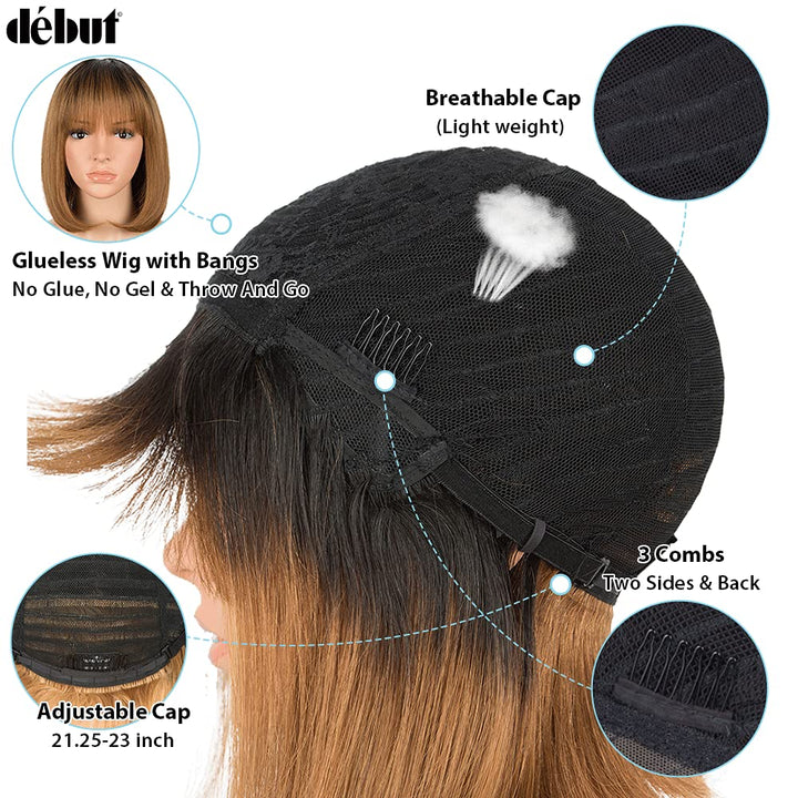 DÉBUT Echthaar Perücke mit Pony kurz Perücke Bob Pixie 10A brasilianisches Virgin Remy Hair 25 cm 10