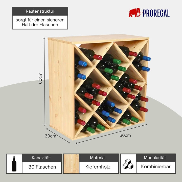 PROREGAL Modulares Weinregal VINCELLAR MOD | HxBxT 60x60x30cm | Rauten Modul für 30 Flaschen| Massiv