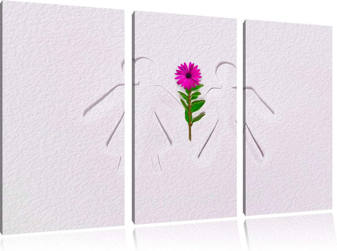 Strichmännchen mit Blume schwarz/weiss 3-Teiler Leinwandbild 120x80 Bild auf Leinwand, XXL riesige B