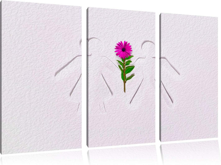 Strichmännchen mit Blume schwarz/weiss 3-Teiler Leinwandbild 120x80 Bild auf Leinwand, XXL riesige B