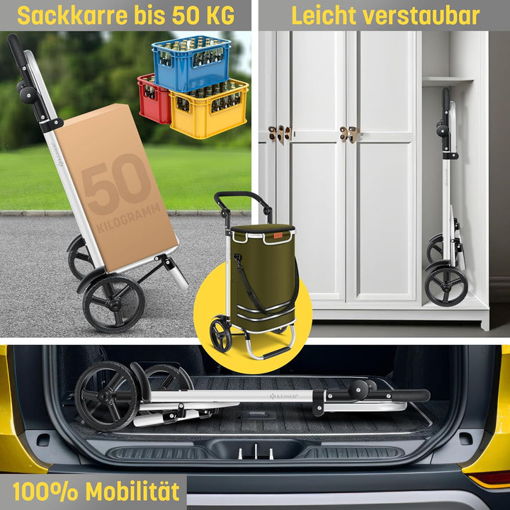 KESSER® Einkaufstrolley klappbar mit 56L Kapazität und belastbar bis 50kg | 3in1 Trolley Sackkarre &