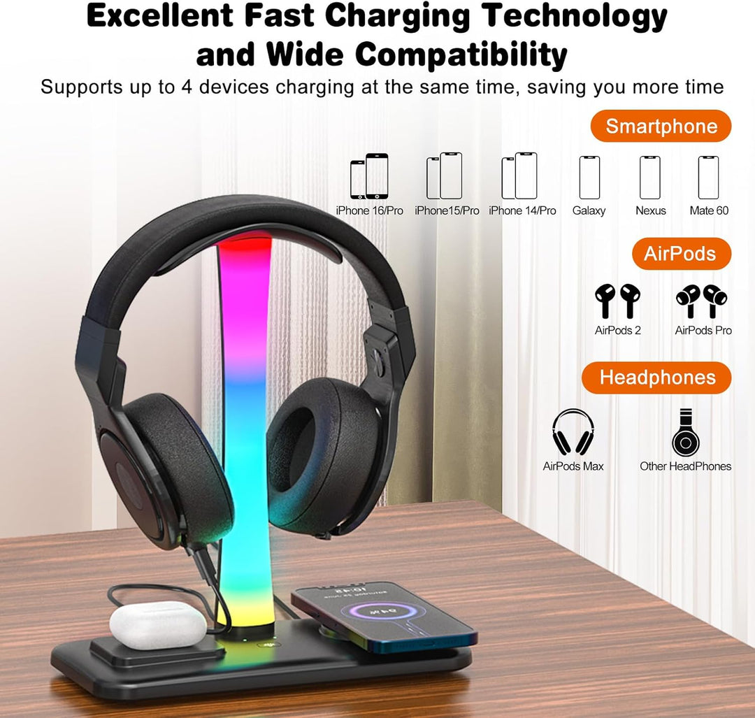 3 in 1 RGB Gamning Kopfhörer Ständer, Headset Halterung mit 15W Wireless Ladegerät, Gaming Kopfhörer