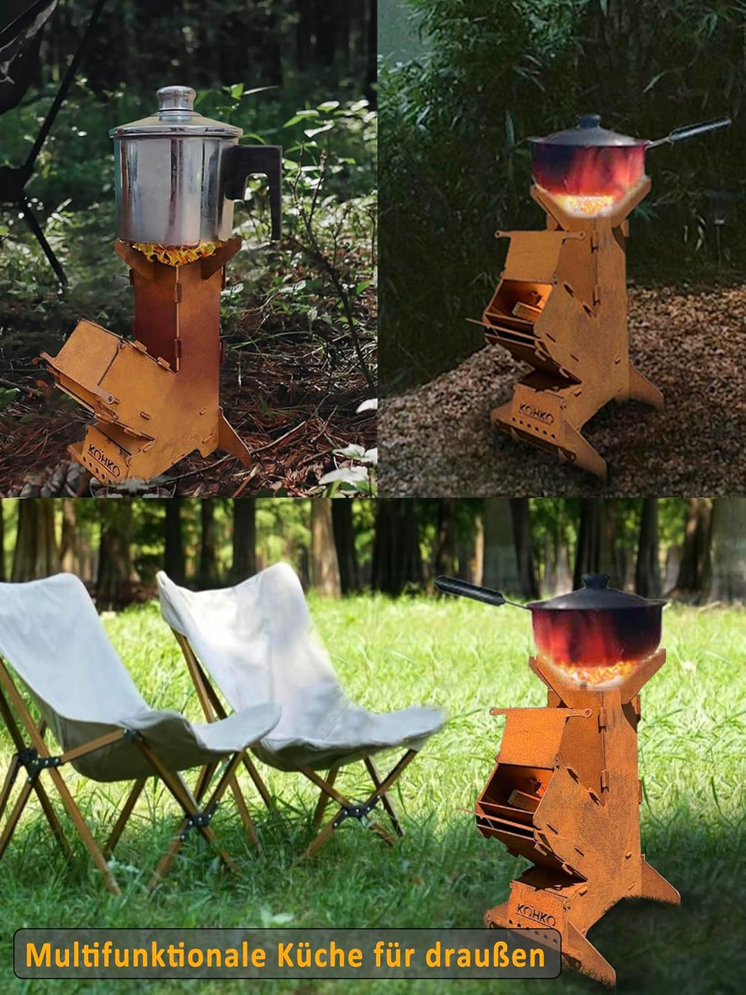 Köhko® Raketenofen L Rocket Stove Campingofen aus 3 mm Cortenstahl Outdoor für BBQ grill Camping mul