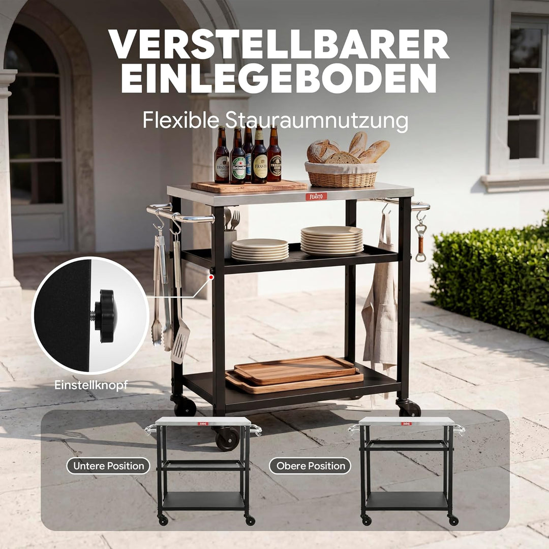 Feasto 3 Etagen mobiler Grilltisch mit Edelstahl - Arbeitsplatte, 2 Griffen, höhenverstellbarer Mitt