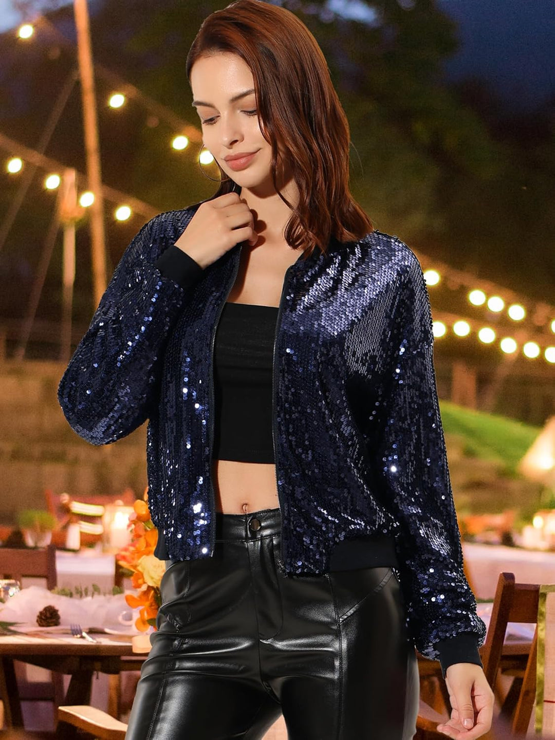 Allegra K Damen Glitzer Jacke Bomberjacke Pailletten Bomber Jacke Langarm Party Club Metallic Sequin