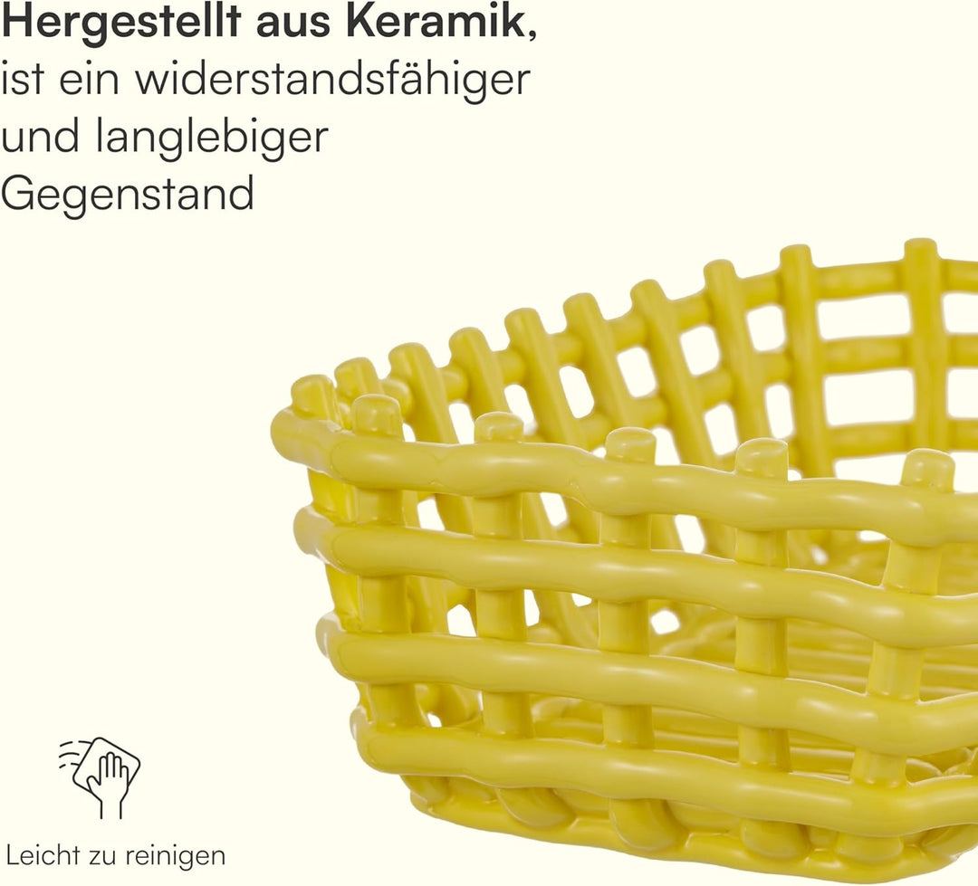 Baroni Home Mehrzweck geflochtener Keramikkorb, Obstkorb, Tischmitte, Aschenbecher, Rechteckig Gelb