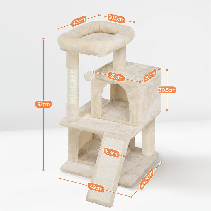 Yaheetech Kratzbaum, Stabiler Katzenbaum 91 cm Katzenkratzbaum, mit 2 Häuschen Sisal und Spielball,