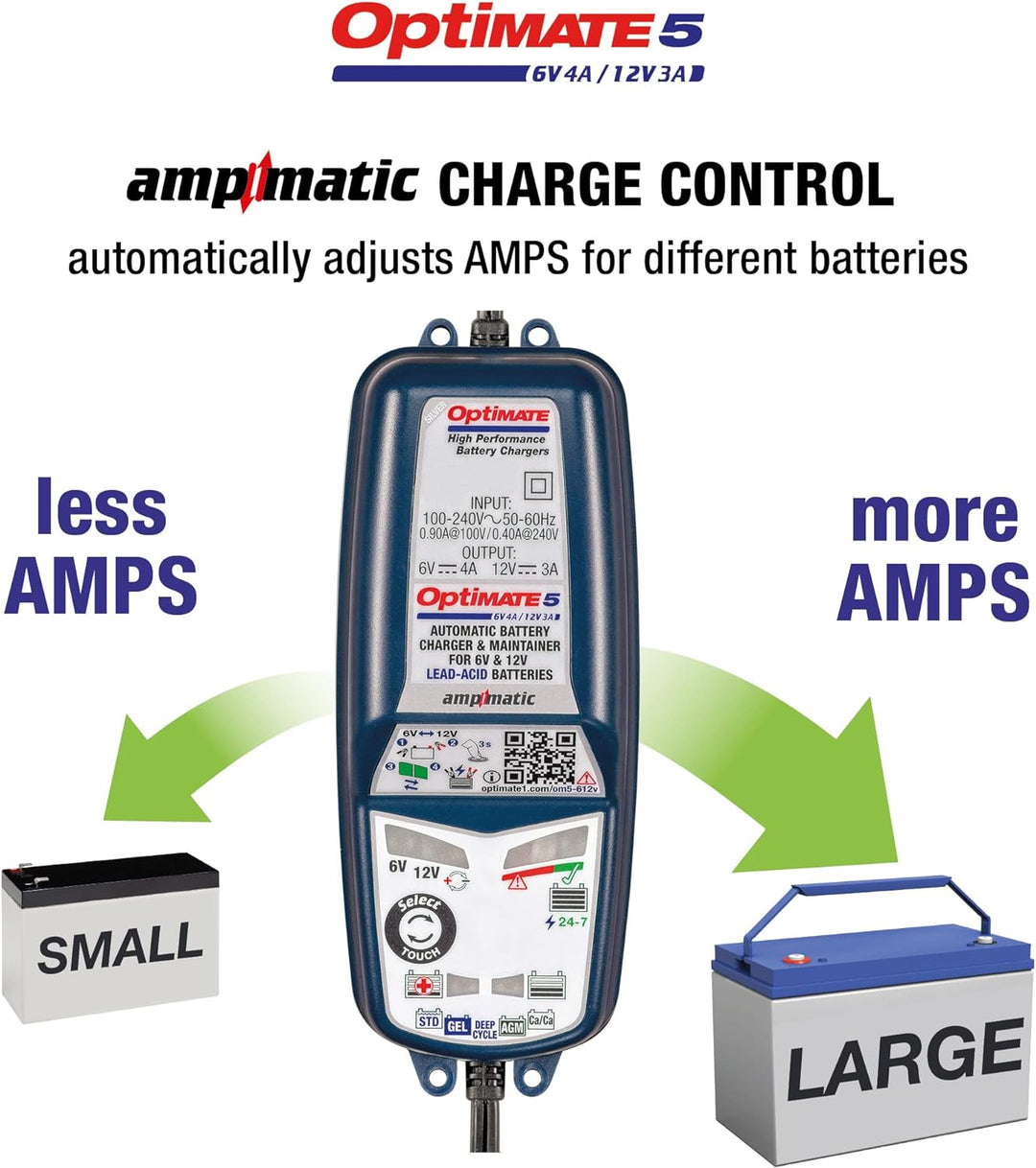 OptiMate 5 Select, TM320, 8-stufiges gekapseltes batterieschonendes 6V 4A / 12V 3A Lade- & Wartungsg