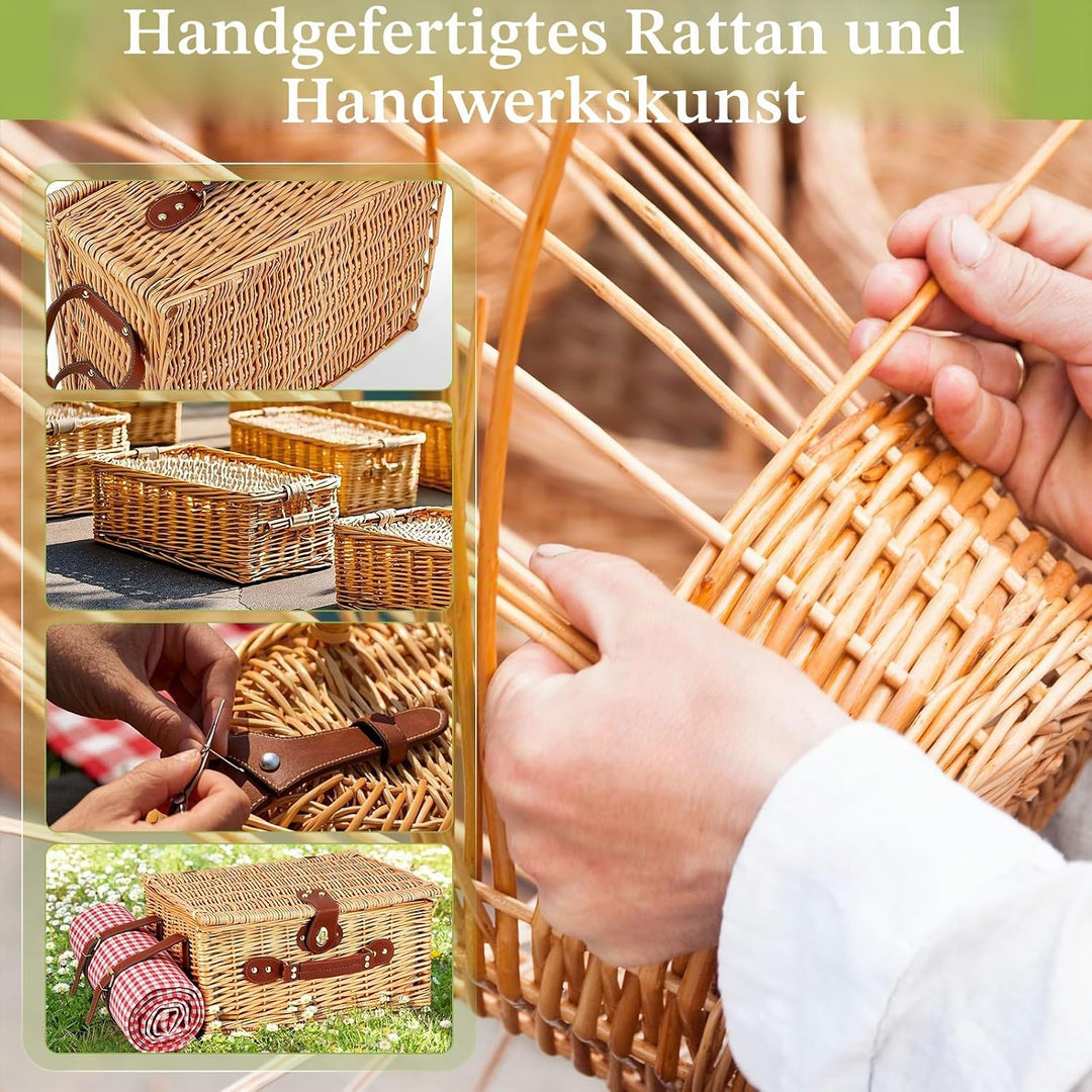 Picknickkorb für 4 Personen, handgeflochtener Korb mit eingebauter Isolierung und wasserdichter Deck