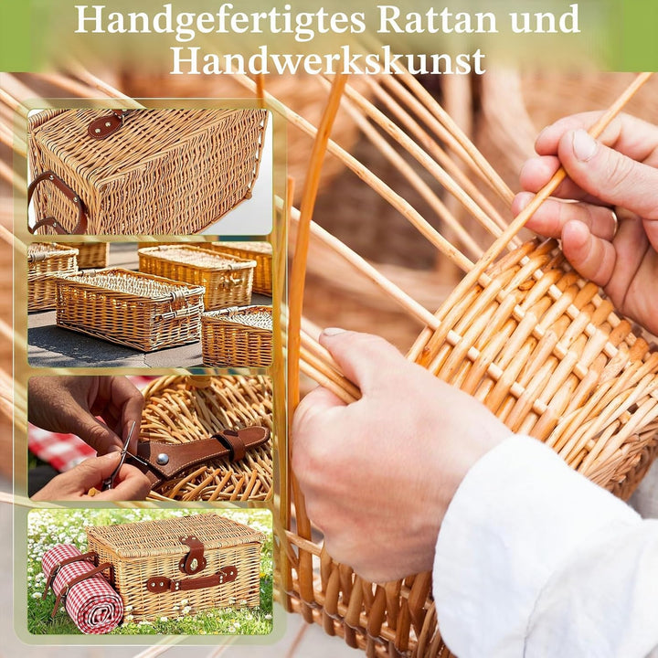 Picknickkorb für 4 Personen, handgeflochtener Korb mit eingebauter Isolierung und wasserdichter Deck
