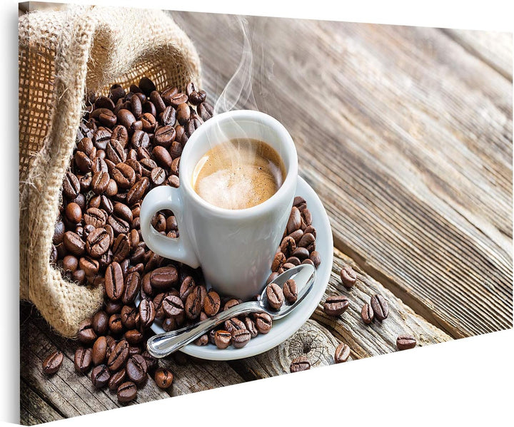 islandburner Bild auf Leinwand Espresso Kaffeetasse Bohnen Vintage Tisch Bilder Wandbilder Poster, L
