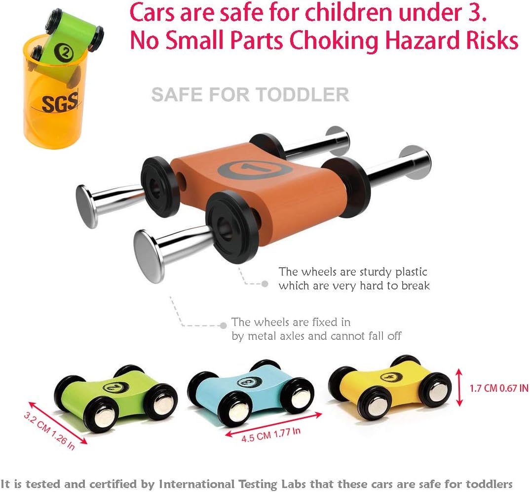 Towo Reines Holz Car Rampe - Zick-Zack-Auto-Rutschbahn mit 4 Holzautos Spielsets-Click Clack Track H