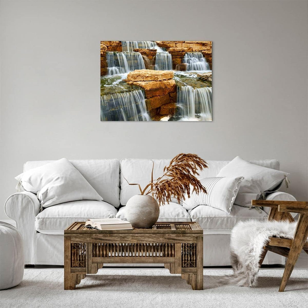 Bilder auf Leinwand Wasserfall Steine Wasser Leinwandbild 70x50cm Wandbilder Dekoration Wohnzimmer S