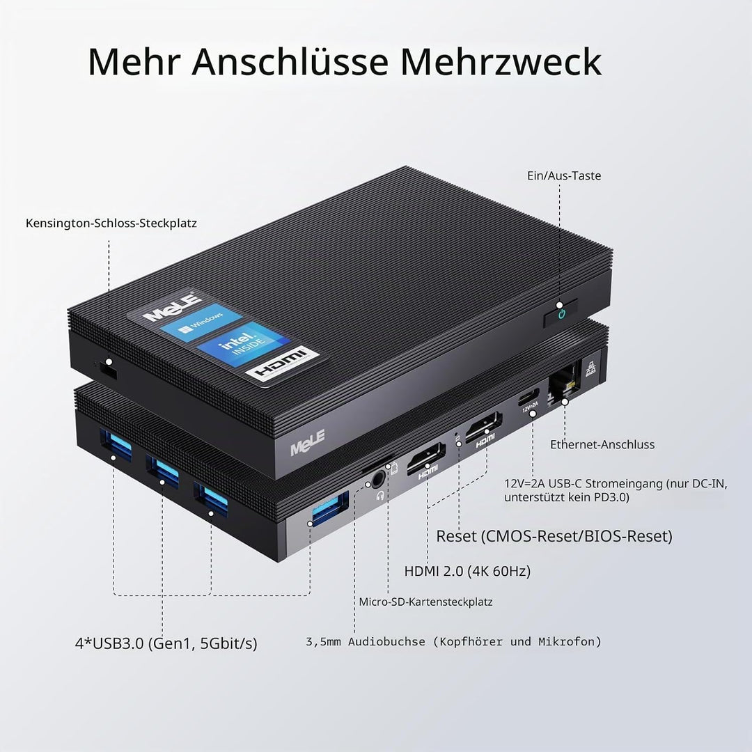 MeLE Lüfterloser Mini-PC Windows 10 Pro Celeron J4125 8GB DDR4 256GB eMMC Ultra-Thin Mini Desktop Co